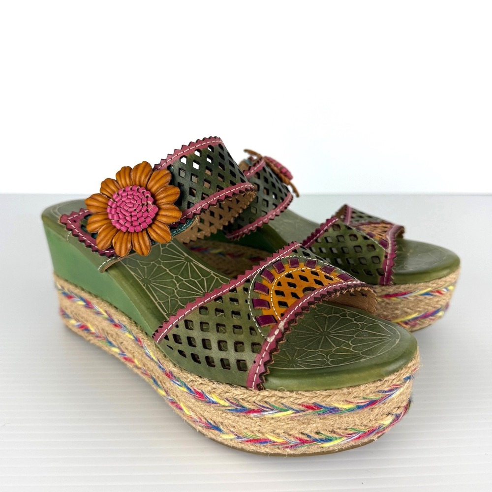 Spring Step L'Artiste Lona Green Leather Floral Wedge Sandals Slides EU 38
